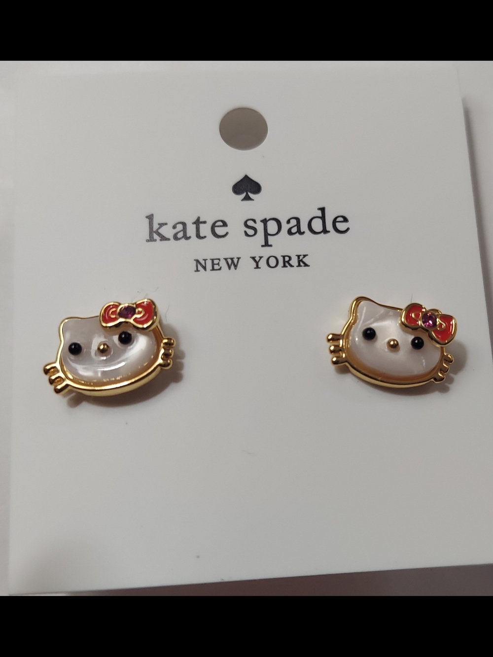 kate spade Kids Gold Tone White Cat Face Stud Earrings with Red Bow
